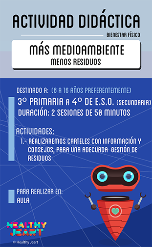 Más medioambiente menos residuos - Destinado a: (8 a 16 años preferentemente) - 3º primaria a 4º de E.S.O. (secundaria) - Duración: 2 sesiones de 50 minutos - Actividades: 1.- Realizaremos carteles con información y consejos, para una adecuada gestión de residuos - Para realizar: aula